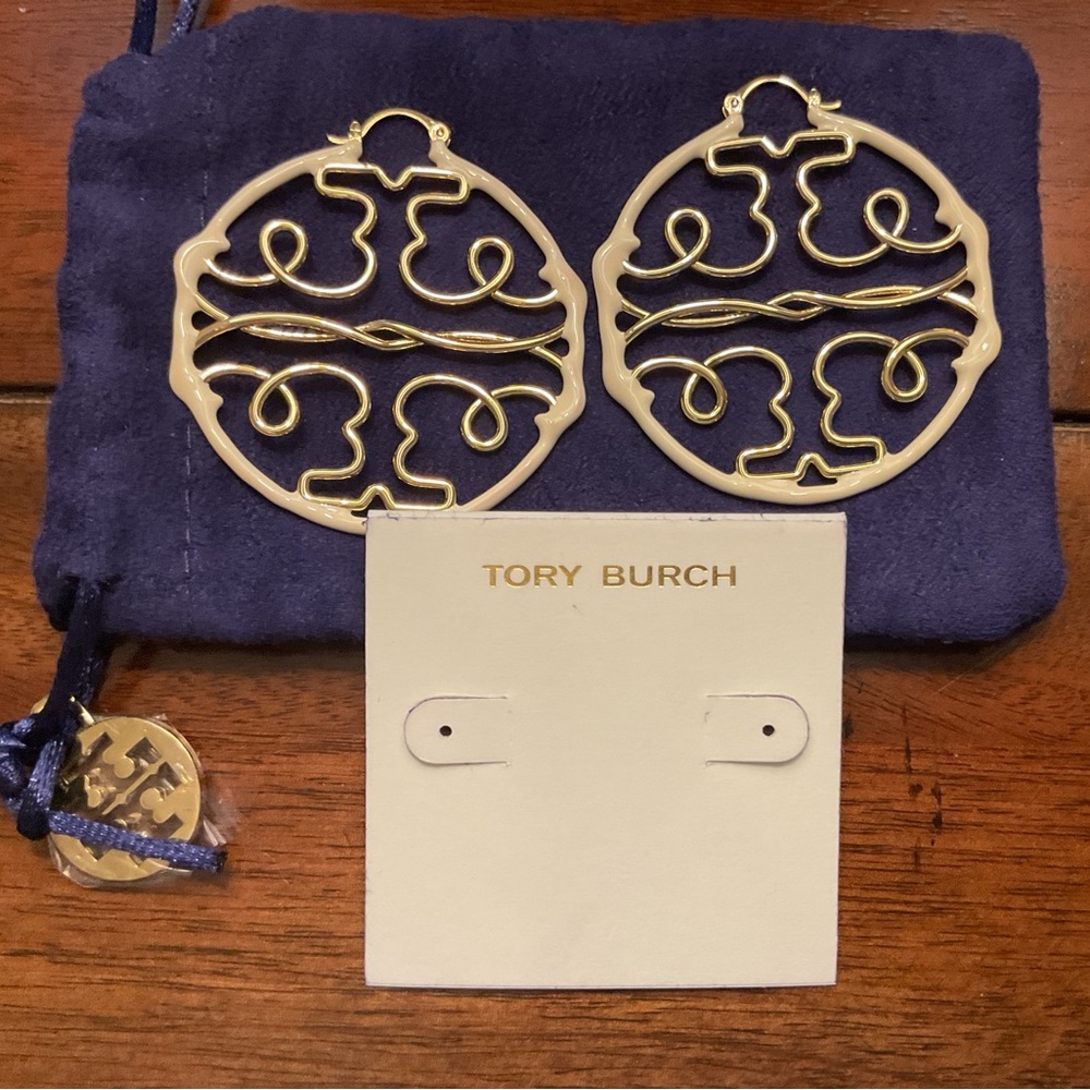 Tory Burch Gold and White Scroll Earrings